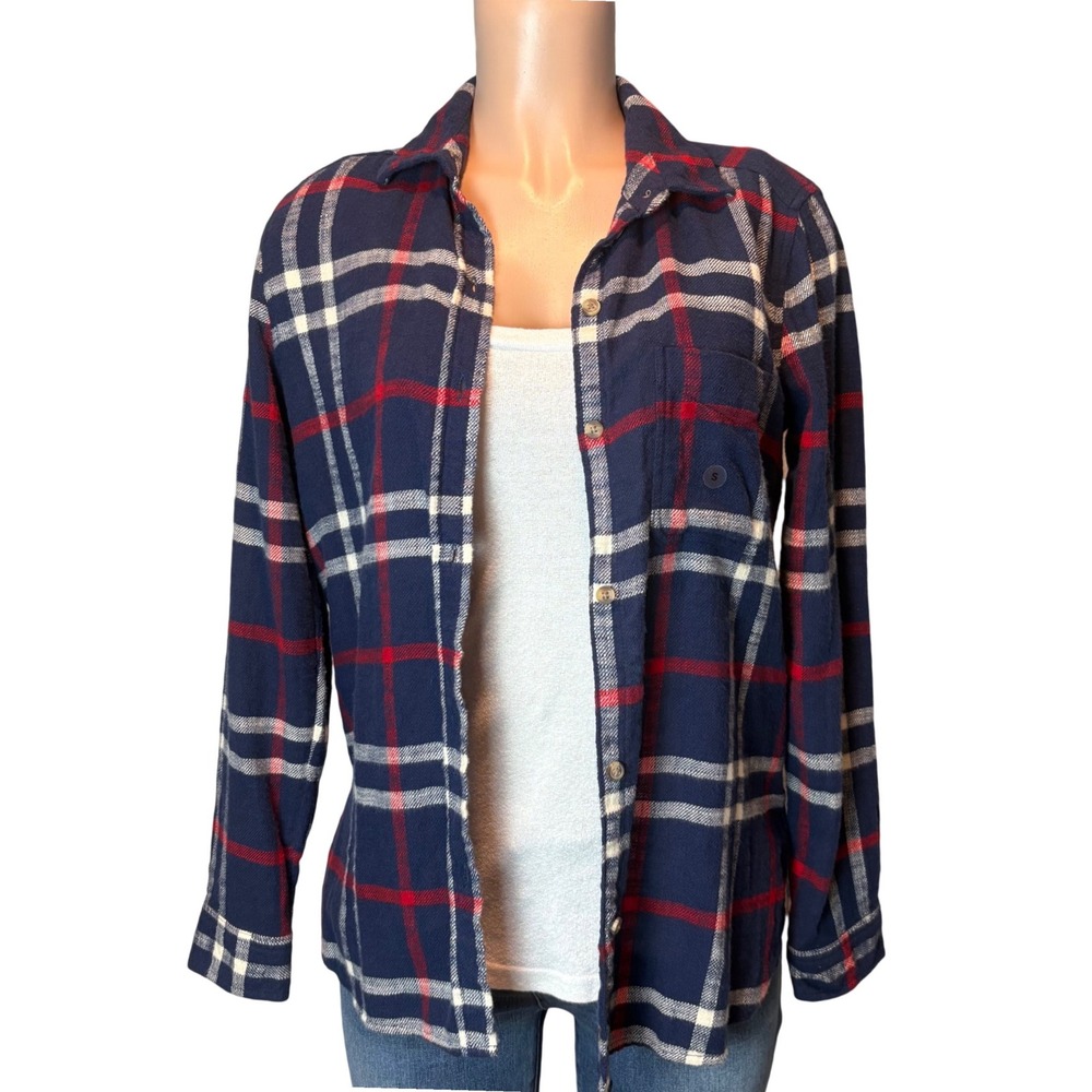 American Eagle Boyfriend Fit Flannel Shirt Navy Blue Red Plaid Cotton Small